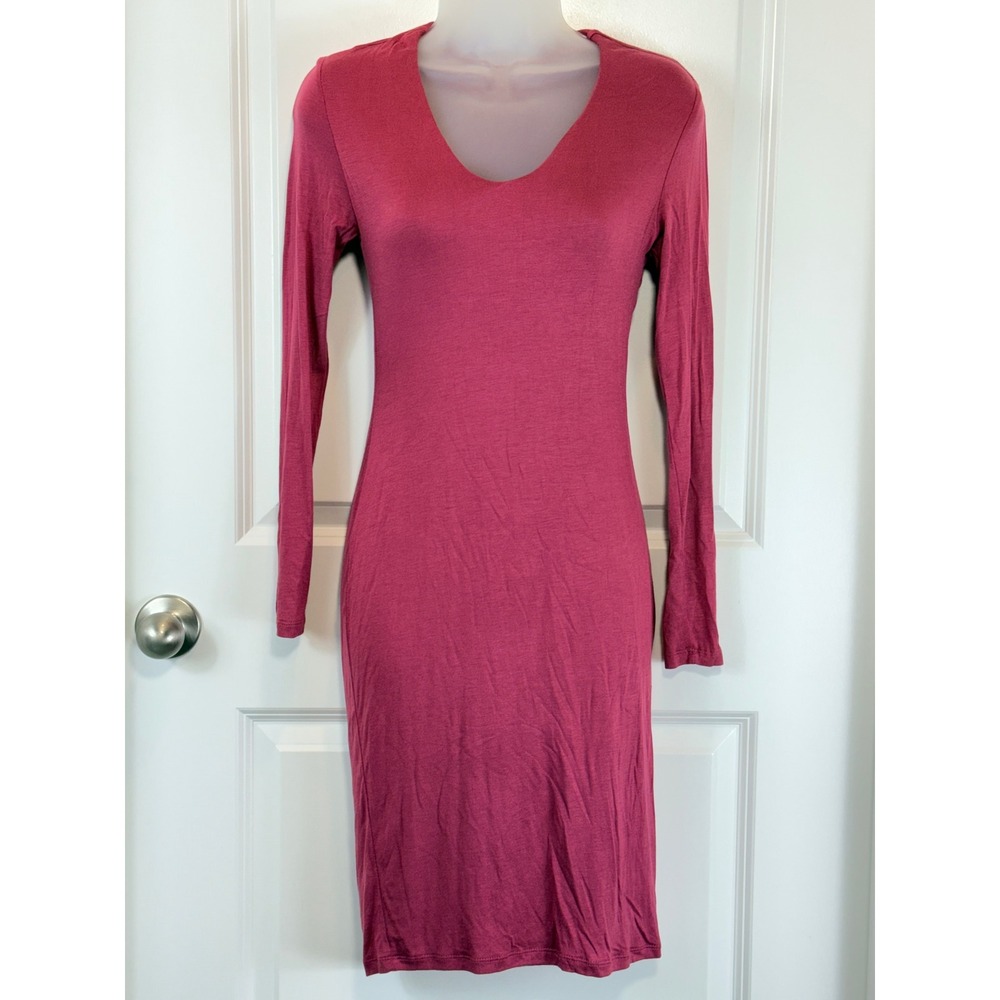 Popular 21 Long Sleeve V Neck Bodycon Midi Dress Berry Pink Jersey Spandex Samll